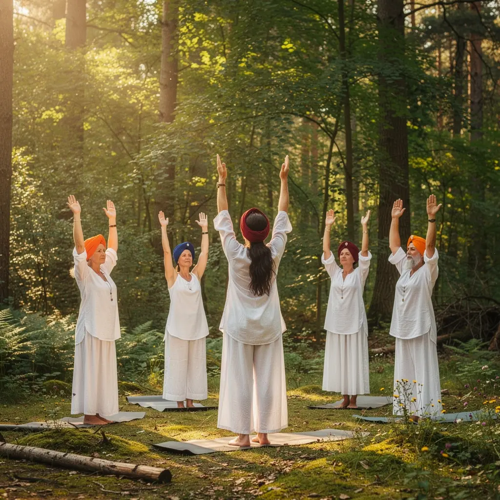 Grupa ludzi praktykujących jogę w plenerze, wykonujących synchronizowane ruchy i oddychających głęboko.