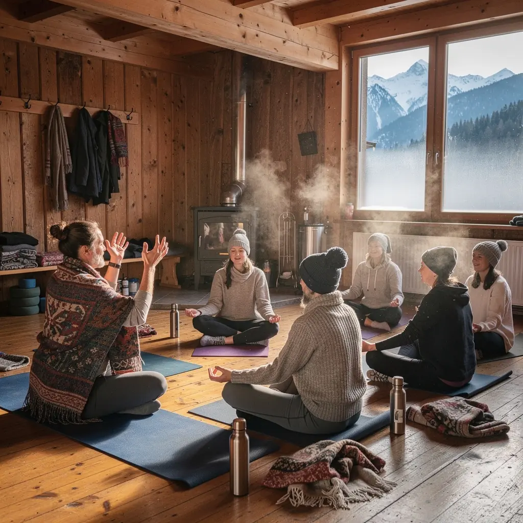 Grupa ludzi praktykujących jogę w plenerze, wykonujących synchronizowane ruchy i oddychających głęboko.