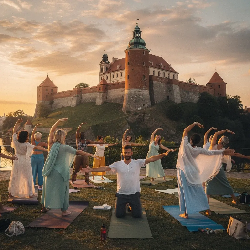 Grupa ludzi praktykujących jogę w plenerze, wykonujących synchronizowane ruchy i oddychających głęboko.