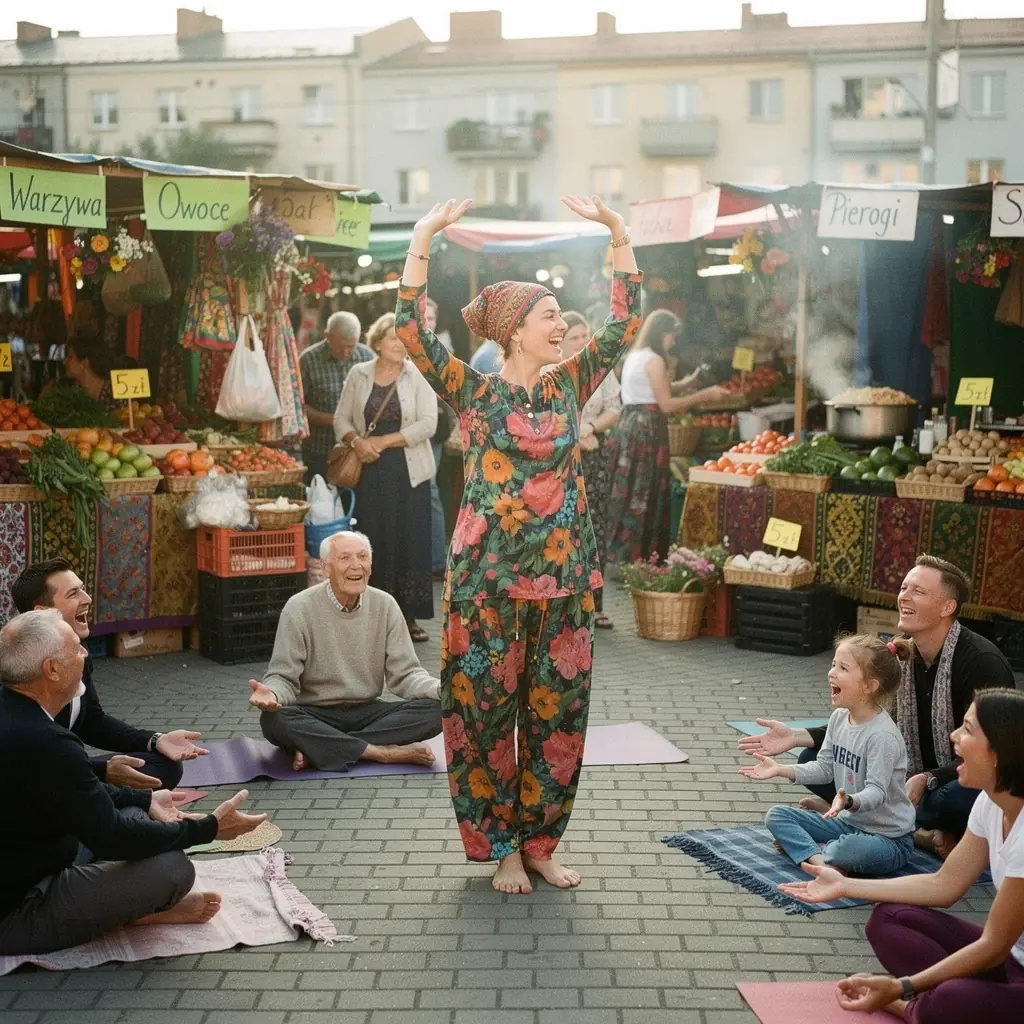 Grupa ludzi praktykujących jogę w plenerze, wykonujących synchronizowane ruchy i oddychających głęboko.