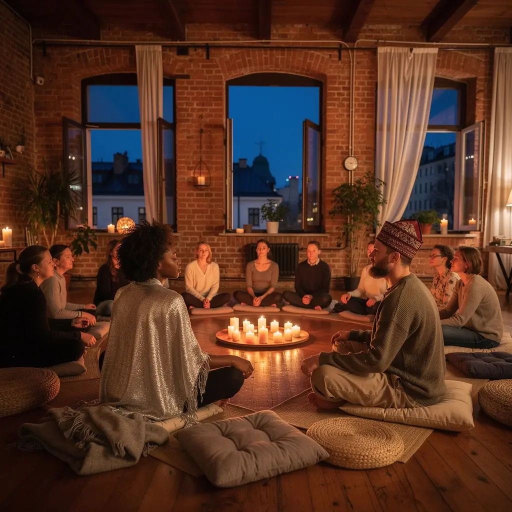 Grupa ludzi praktykujących jogę w plenerze, wykonujących synchronizowane ruchy i oddychających głęboko.