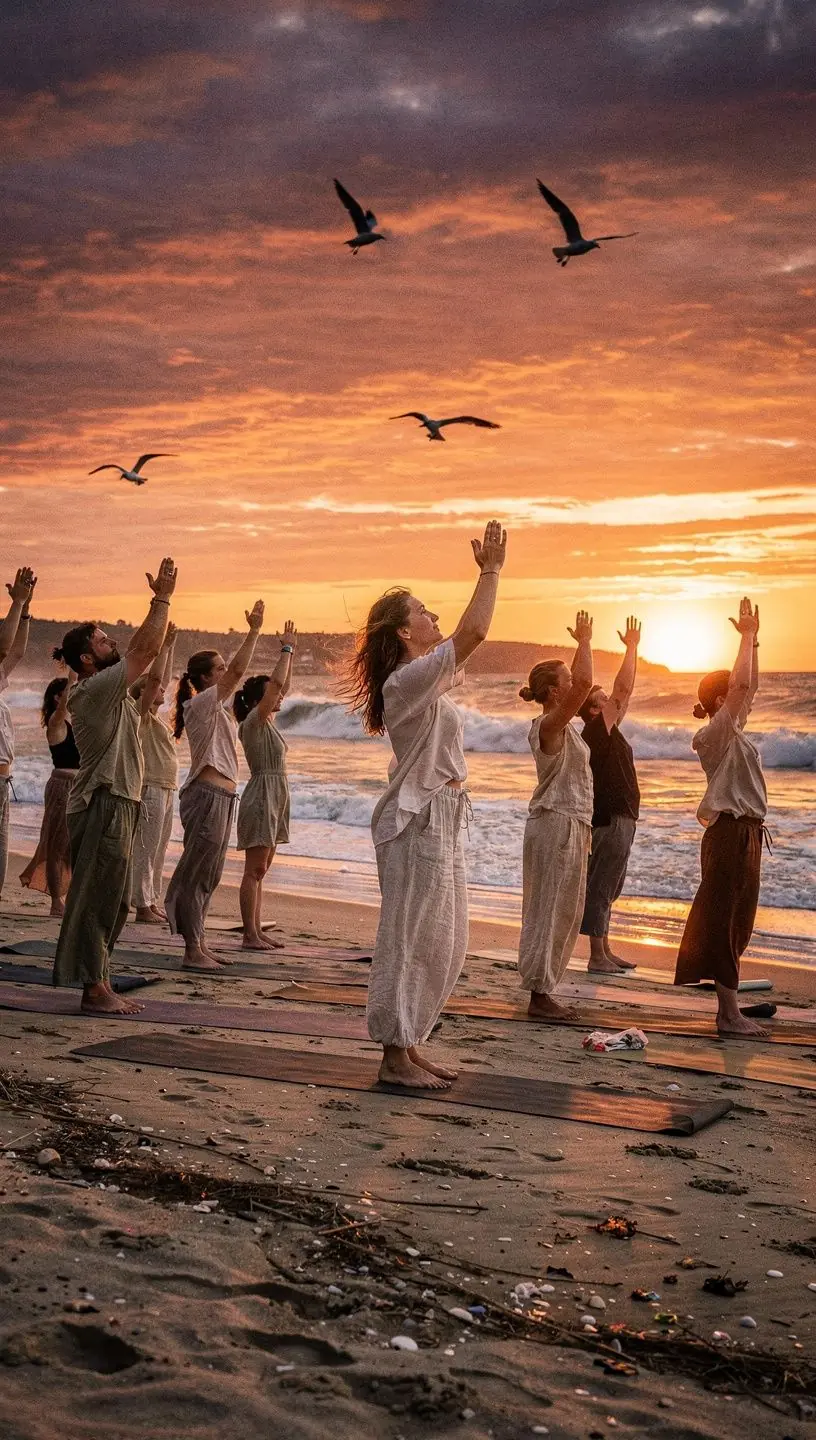 Grupa ludzi praktykujących jogę w plenerze, wykonujących synchronizowane ruchy i oddychających głęboko.