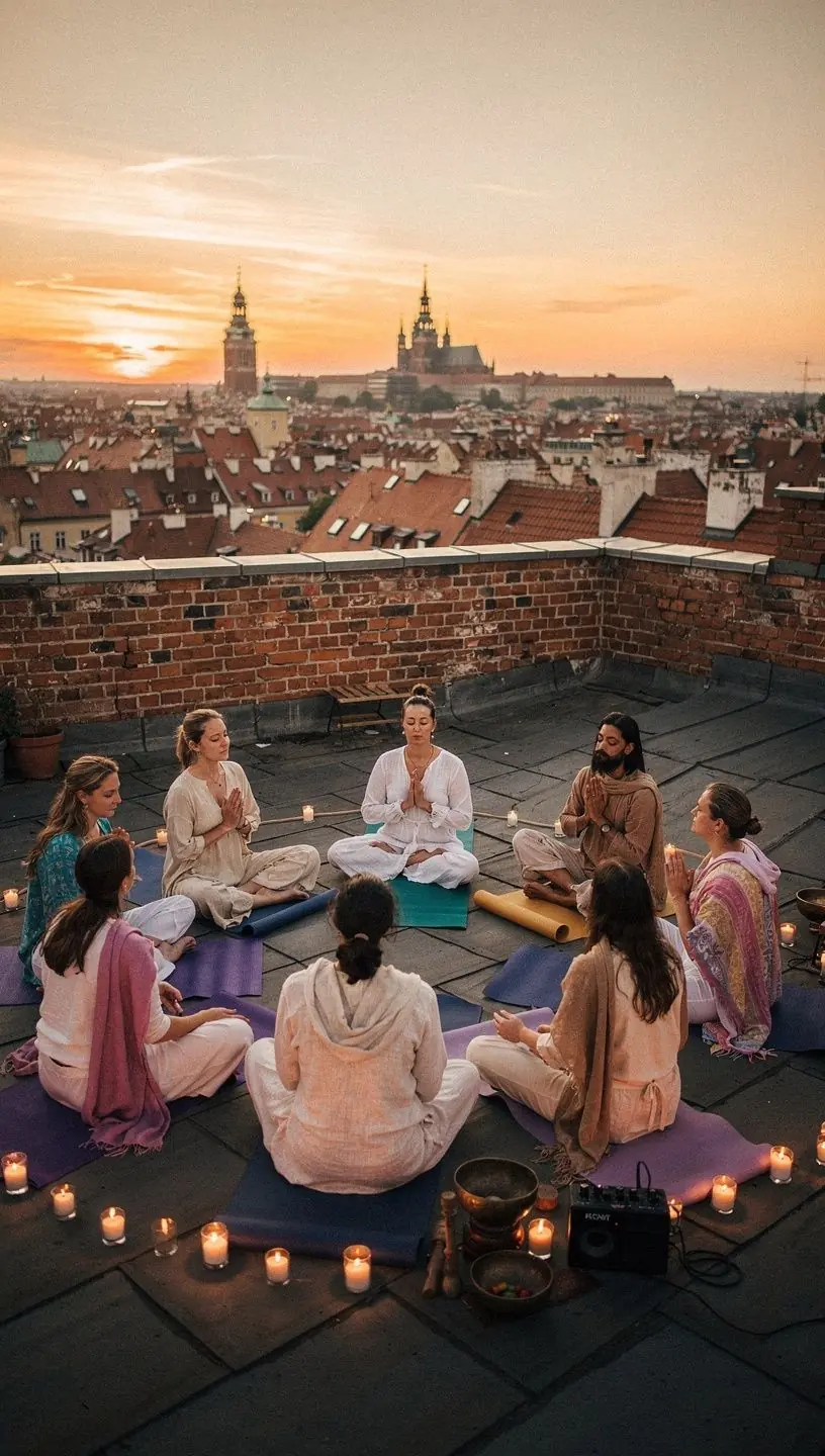 Osoba medytująca w pozycji lotosu, otoczona delikatnym światłem świec, symbolizująca duchowe przebudzenie.